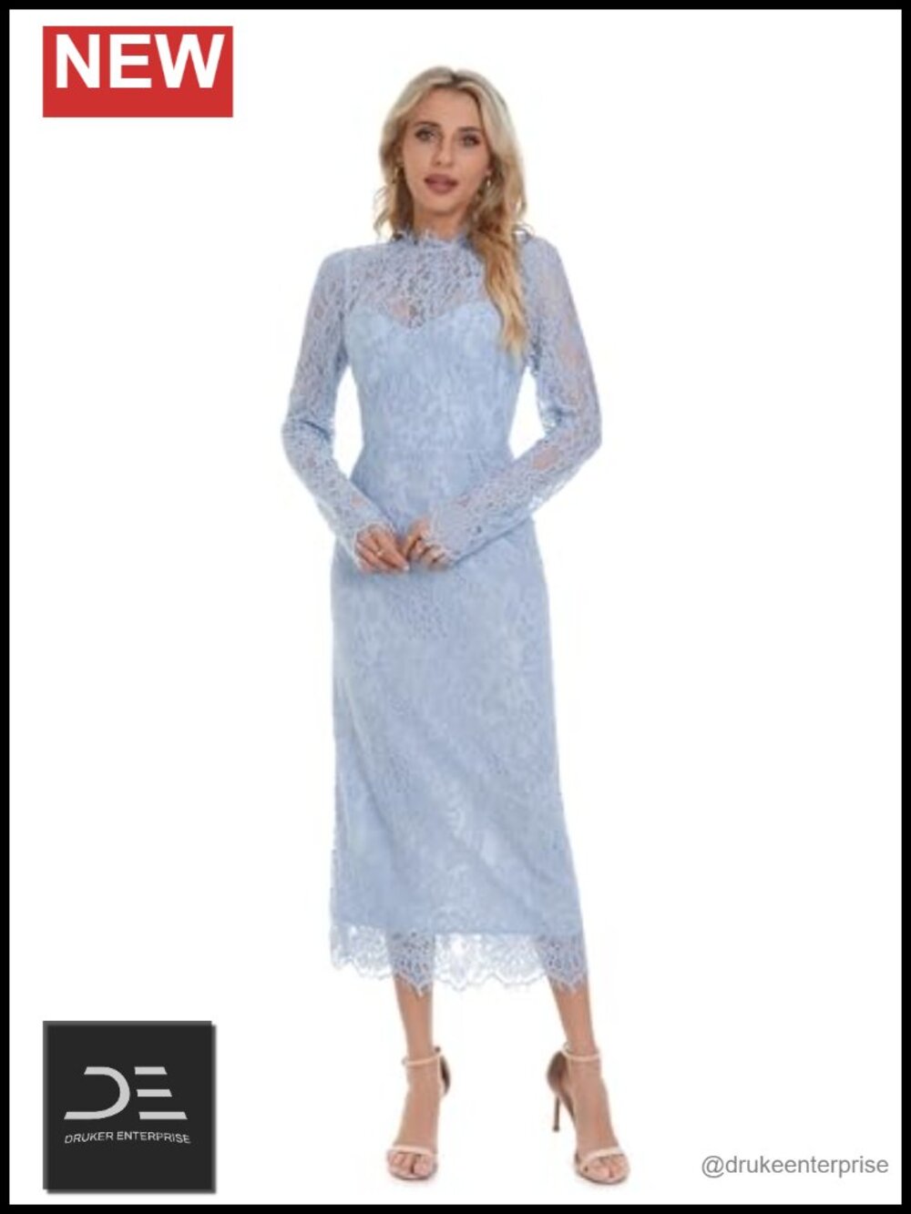 Long Sleeve Lace Floral Midi Dress Elegant Cocktail Wedding Guest Dress
